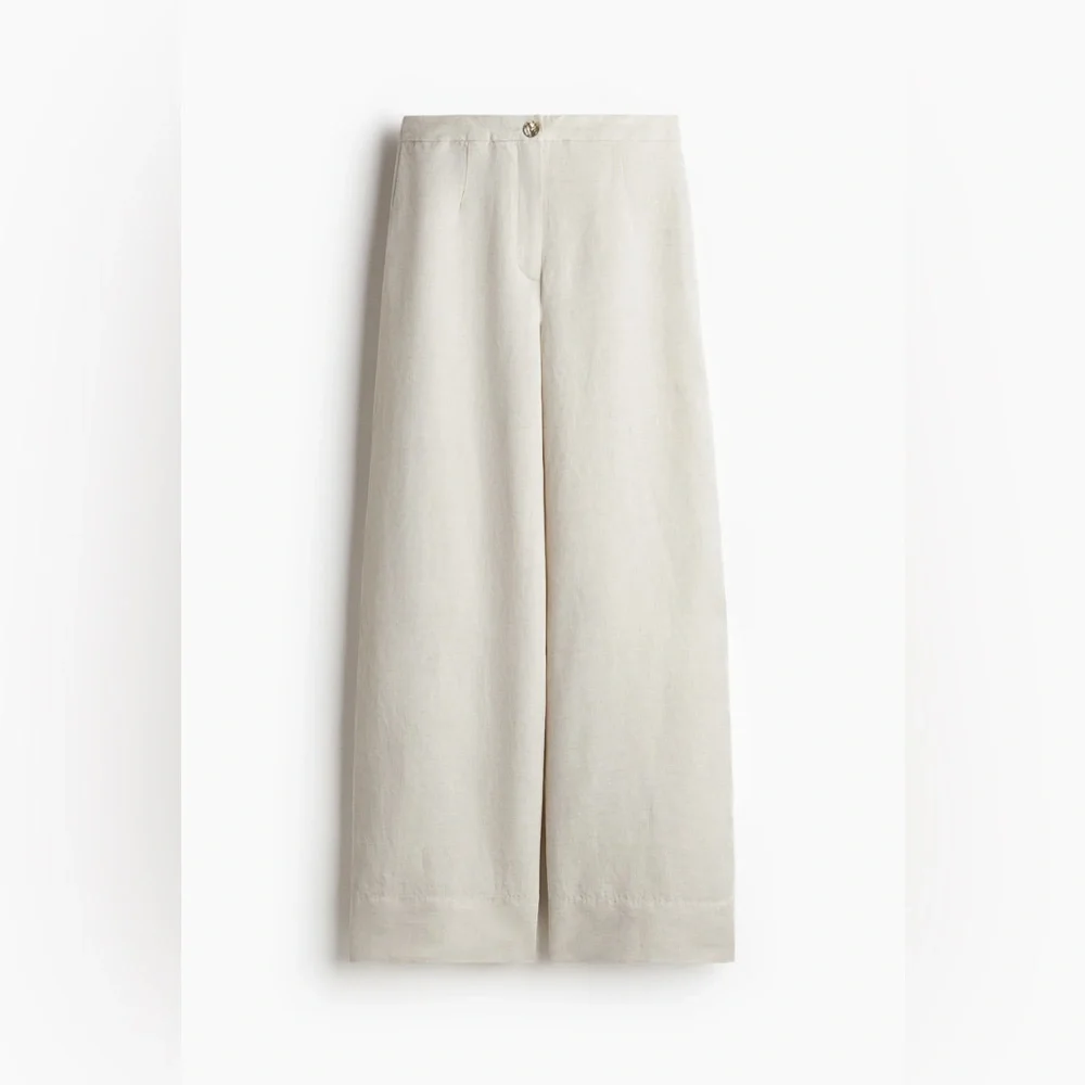 H&M Linen Blend Wide Leg Pants High Waisted Neutral Cream Tan sz 2